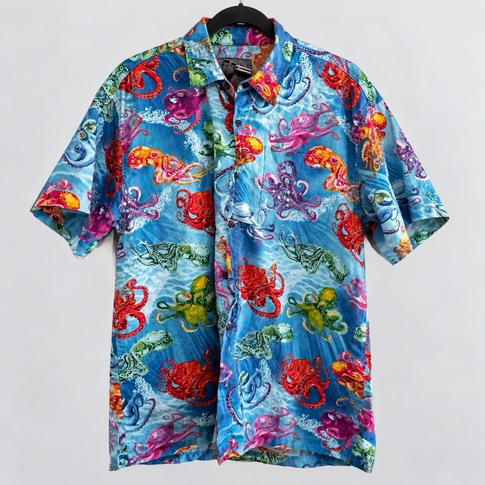 Vintage High Seas Men's M Blue Octopus Sea Life Hawaiian Shirt Made USA